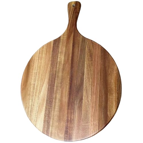 Tabla de cortar redonda de madera de acacia con asa, tabla de embutidos de madera, tabla de cortar versátil para pizza, pan, queso, verduras y decoración de cocina, 16 x 12 pulgadas