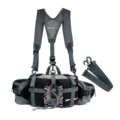 EcoGleam Riñonera deportiva para hombre y mujer, con soportes para botellas y correas para los hombros, bolsa de deporte para camping, ciclismo, escalada, Negro , Informal