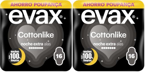 Evax Cottonlike Compresas Noche Extra Con Alas, 16 Unidades, Hasta 100% de noches limpias (Paquete de 2)