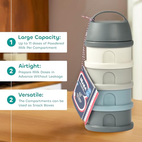 Image of Beaba Stacked Formula Container - Airtight Multifunctional Storage Container for Storing Milk Powder and Baby Food, 4 Interchangeable Compartments, Microwave Safe, Travel Friendly, Blue & Mineral Grey