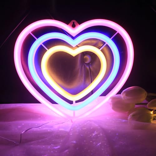 Image of Three-colour Heart Neon Signs for Wall Decor Colourful Led Neon Signs for Bedroom Wall Neon Lights for Home Party Wedding Bachelorette Parties Marriage Proposals Birthday Parties Christmas Decorations