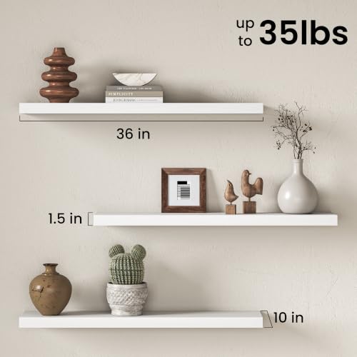 Image of Fun Memories Floating Shelves for Wall, 3 Pack 36 Inch Long Floating Shelves, 36 x 10 Wooden Shelves for Wall, Large Storage Shelves, Hanging Shelves for Bathroom Bedroom Kitchen, White
