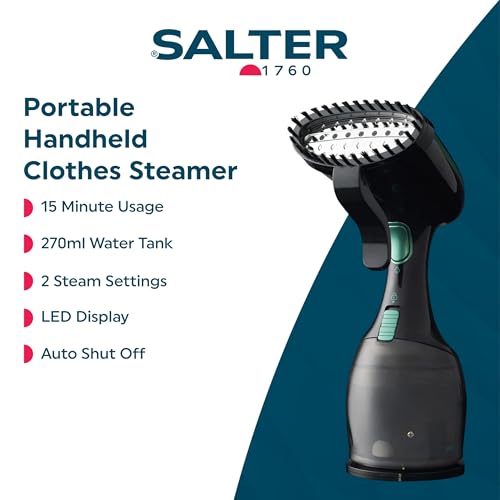 Salter SAL0932 Portable Clothes Steamer, Handheld Garment And Upholstery Crease Remover, Great for Steaming, Refreshing and Sanitising Fabric Types, 1500 W, Black and Green