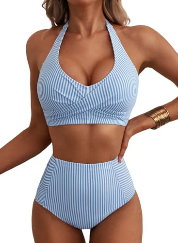 Herseas Women's High Waisted Bikini Sets Halter Patch Pocket Swimsuits