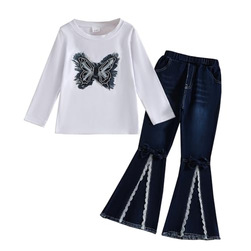 Image of Toddler Girl Clothes Long Sleeve Cartoon & Letter Graphic Top + Fruit Stationery Print Flared Leg Pants