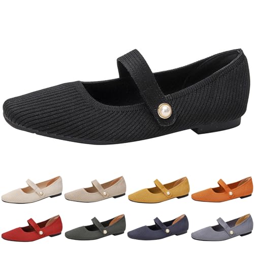 Women's Mary Janes Knit Flat Shoes with Arch Support Comfortable Lightweight Slip On Soft Dressy Casual Ballets Flats for Daily Walking Work