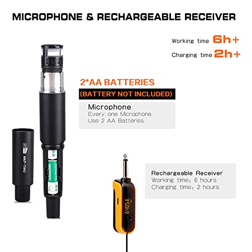 Mffmffm Wireless Microphone, Uhf 260Ft Range Dual Cordless Metal Dynamic Mic System With Rechargeable Receiver, 1/4",1/8" Output, For Amp, Pa System, Karaoke, Singing, Wedding, Party, Church,Dj,Mixer #TOP2