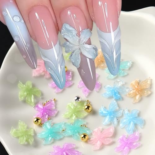 Summer Flower Nail Charms 3D Hibiscus Flowers for Nails Gems Spring Nail Jewelry with Rhinestones Acrylic Nail Art Color Ice Lily Floral Charms for Women Manicure Nail Decoration DIY Crafts