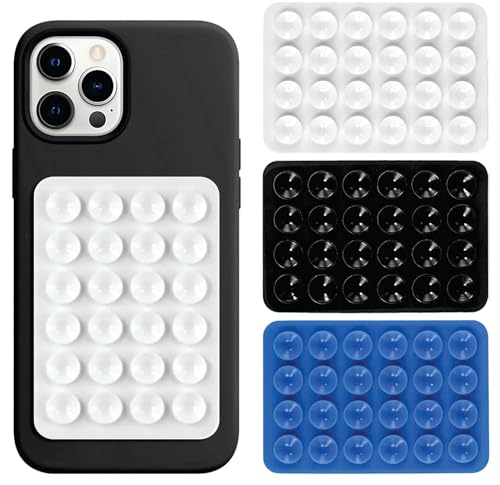 Image of THYNOX Phone Holder Suction Phone Case (Pack of 3) Anti-Slip Silicone Back Cover, Multipurpose Hands-Free Sticky Pads for Phone Adhesive Mount for Selfies Videos Mirror (White, Black, Blue)