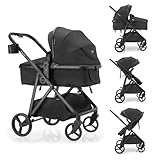 Gromast 3-in-1-Kinderwagen, wandelbarer Kinderwagen für Neugeborene, Säuglinge und Kleinkinder mit umkehrbarem Sitz, Sonnendach mit Lichtschutzfaktor 50+ und Getränkehalter – Schwarz