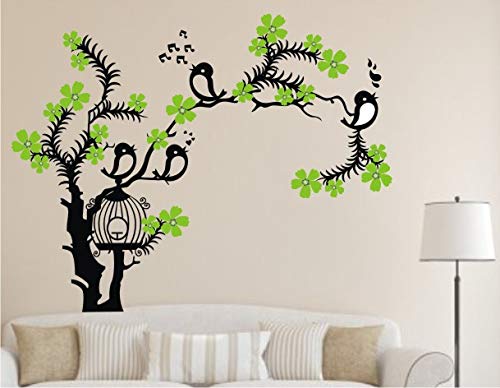 Heaven Decors Nature Tree with Green Flower, Birdcage and Singing Bird Wall Sticker for Bedroom (Ideal Size on Wall: 102 cm x 80 cm),Multicolour (B08XNFQJ76) Amazon Price History, Amazon Price Tracker