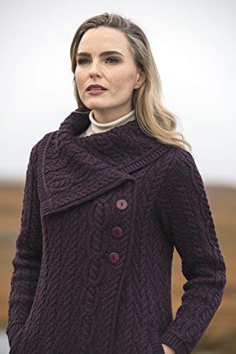 Image of Aran Crafts Women's Cable Knit Soft Collar 3 Button Coat (100% Merino Wool)