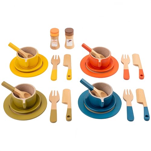 木製おもちゃ 食器 26 点セット ままごとキッチンプレイセット プレート・皿・スプーン・ティーセット クッキングトイ ロールプレイごっこ遊び 知育玩具 早期開発 入園祝い誕生日プレゼント お飯事セット (マルチカラー,26 アイテム)