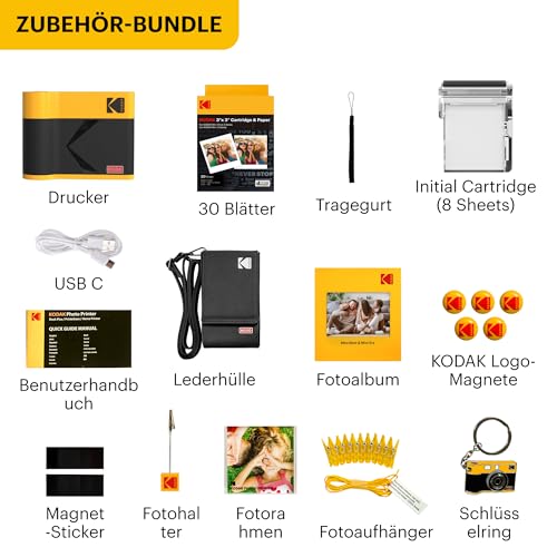 KODAK Mini 3 ERA 4PASS Mobiler Fotodrucker (7,6x7,6cm) Fotodrucker + Gift Paket + 8 Blatt im Lieferumfang enthalten + 60-Blatt-Patrone, Gelb