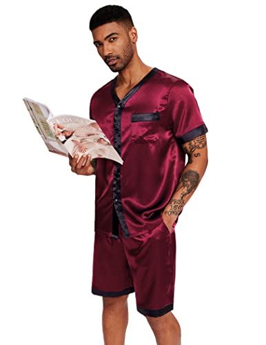 Ekouaer Silk Pajamas for Men Satin Pajama Shorts 2 Piece Button Down Pj Set V Neck Sleepwear Loungewear with Pockets S-XXL4
