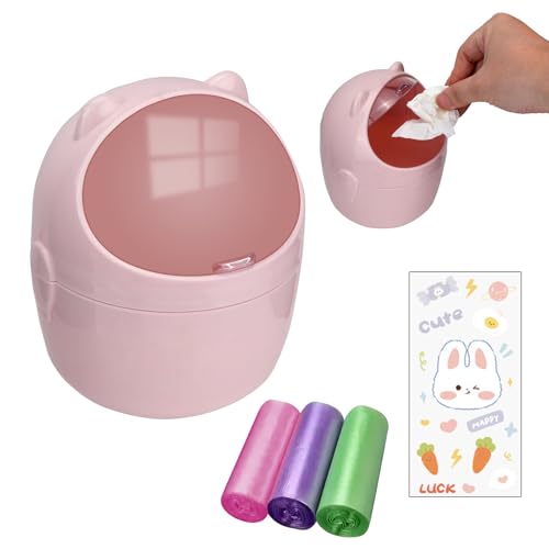 Mini bote de basura con tapa, pequeño para escritorio, rosado