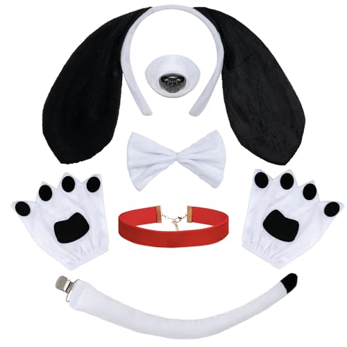 WHGAW 6Pcs Dog Costume Set Dog Ears Headband Tail Nose Paw Gloves Bow Tie Choker Adult Halloween Party Cosplay Accessories