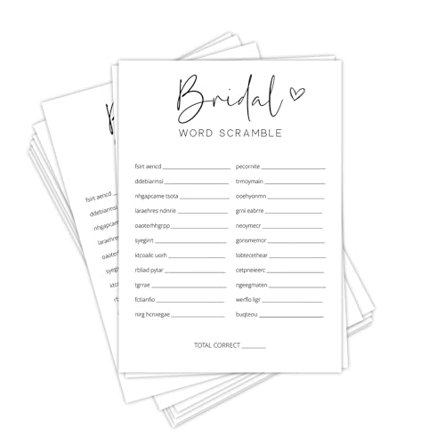 Tsunerrorami Bridal Shower Game Cards for Guests, Fun Wedding Shower Party Activities, 25 Bridal Word Scramble Cards, Icebreaker Game for Engagement Party, Minimalist White Design -A01