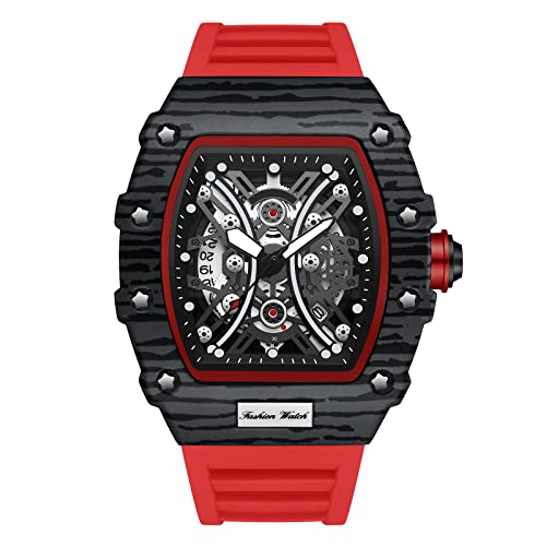 RORIOS Hombre Relojes Luminoso Deportivo Relojes Analogicos Cuarzo Reloj con Correa de Caucho Tonneau Esqueleto Reloj de Pulsera para Hombr