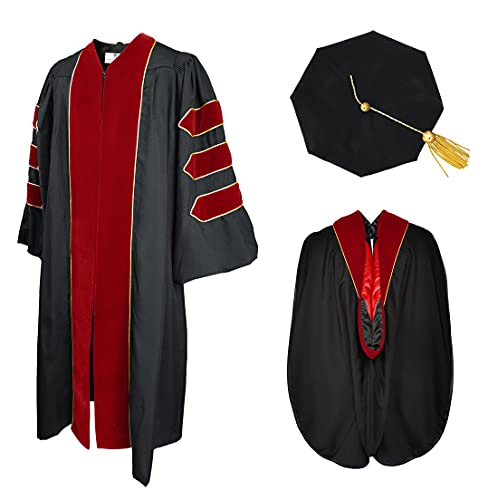 GradPlaza Doctoral Graduation Gown Doctoral Regalia by University Doctoral Hood with Gold Piping and Doctoral Tam 8 Sides