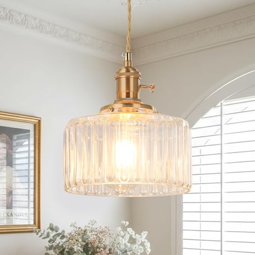 BTTO Glass Pendant Light, Vintage Brass Ceiling Lamp, Ribbed Glass Shade, Adjustable Height, Kitchen Island Hanging Lights Dining Room Light Fixture
