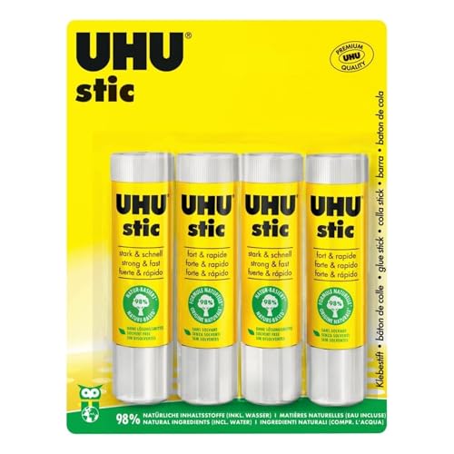 UHU Stic - Bâton de Colle Sans Solvants - Colle Enfant, Loisirs Créatifs, Bureau, Maison, École - Blanche - Fournitures de Bureau - Lot de 4 Stics de 21 g