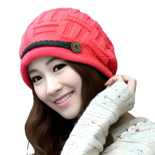 Roll Up Women's Girls Cute Winter Cozy Fur Earflap Knitted Wool Button Braided Strap Ski Cap Beret Newsboy Beanie Hat Visor (Hot Pink)