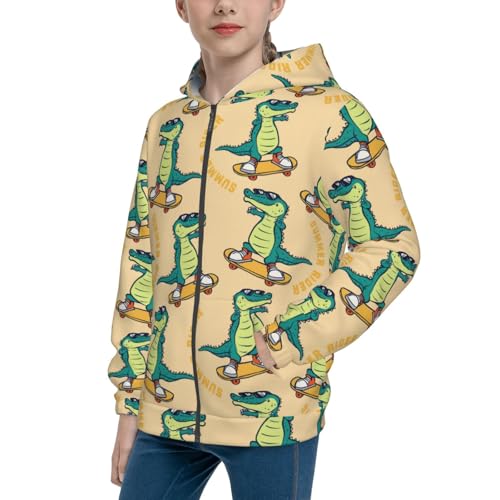 Cartoon Crocodile Skateboard Kids Pullover Hoodies Boys Zip Up Sweatshirts Girls Athletic Clothes with Pocket