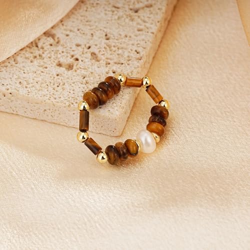 SIXFOX Tiger Eye Ring for Women Stretch Natural Pearl Beaded Rings - image 5