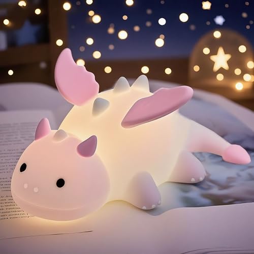 POSSHE Dragon Night Light Cute Pink Dragon Gifts Soft Silicone Lamp with 3 Level Warm Light and RGB Changing Breastfeeding Nursery Portable Kawaii Bedside Lamp for Baby Toddler Boys and Girls
