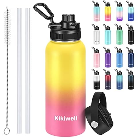 Insulated Water Bottle With Straw, Sports Water Bottle 1 L, Reusable Vacuum 18/8 Stainless Steel Flask Thermos, Modern Wide Mouth Double Walled Simple Mug, Keeps Hot & Cold (32 oz, Yellow & Peach) Cover