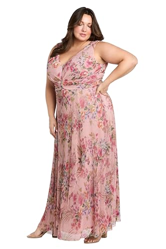 Image of R&M Richards Women's Pleated Sheer Knit Floral Maxi Dress W /Ruched Waist & Cascade Detail