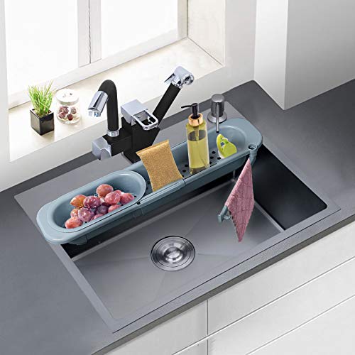 Telescopic Sink Holder, Expandable Kitchen Sink Organizer Rack SFSWYXGS Sponge Caddy Sink Storage Rack Holder Adjustable Sink Caddy Kitchen Sink Organizer Dish Cloth Hanger for Home Kitchen ( Blue )