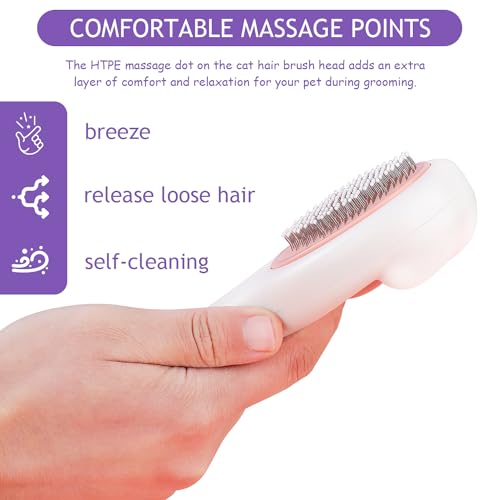 Image of Cat Brush for Long or Short Haired Cats and Dogs, Self Cleaning Pet Hair Brush, Removes Loose Fur, Tangles, Mats, Dander, Dirt, Provides Relaxing Massage, Pink White