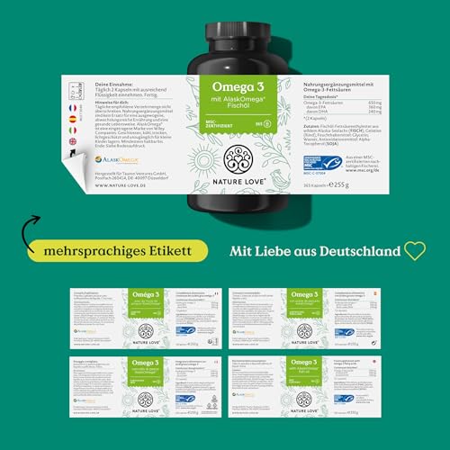 Nature Love Omega 3 - hochdosiert mit 650mg Omega 3 Fettsäuren pro Tagesdosis - 365 kleine Kapseln mit Spitzenrohstoff AlaskOmega® (MSC-zertifiziert) - ohne Zusätze in Deutschland produziert 6