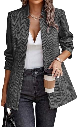 ELLEVEN Women’s Open Front Herringbone Blazer-Business Casual Lon...