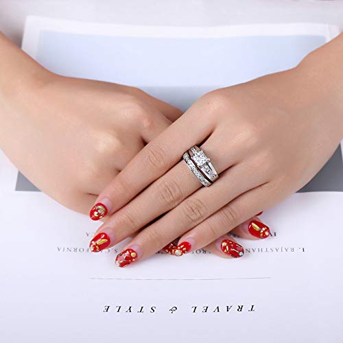 18K Platinum Plated Teardrop Cut Cubic Zirconia Promise Ring Princess Cut Wedding Engagement Ring Set Anniversary Proposal Eternal Bride Halo Set of 2 Size 93