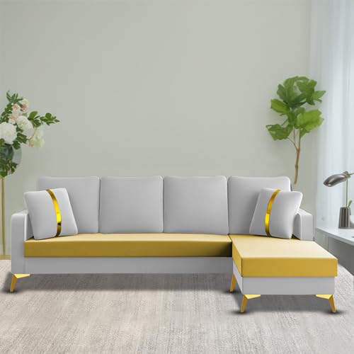 Image of Casaliving Mandis RHS 4 Seater L Shape Sofa Set for Living Room (Yellow Grey Fabric) Premium Fabric Sofa