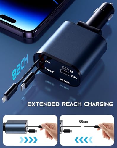 Image of HopePow 120 Watt Retractable, 4 in 1 Super Fast Charge Phone Car Charger,Retractable Cables (31.5 inch) and 2 USB Ports Adapter for iPhone 15 /14 /13 /12 Pro Max XR