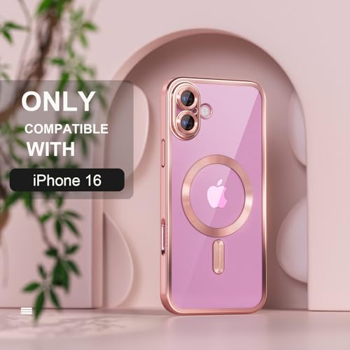 Image of Misea Magnetic for iPhone 16 Case Compatible with MagSafe Pink | [Never Yellowing] [Military Drop Protection] Full Camera Lens Protector Plating Soft Clear Phone Case for Women, Pink