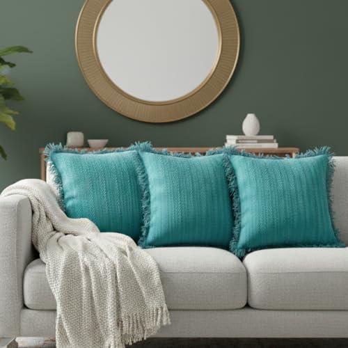 Image of Teal Blue Cushion Covers - 16x16 Inch | Set of 2 | Hand-Woven Fringed Cotton Decorative Covers for Sofa, Living Room & Bedroom Decor | Square Shape Cushion Cases