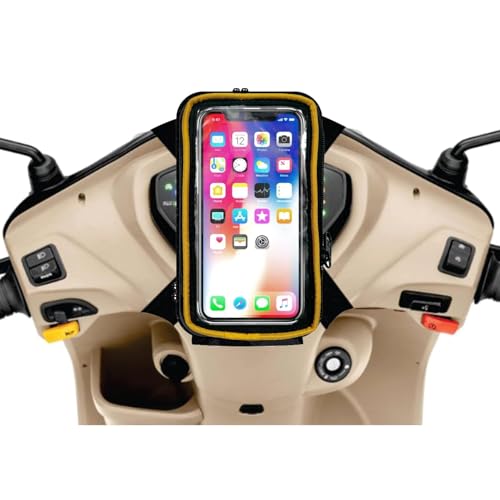 Image of Polyester Handlebar Universal Mobile Holder Mount Pouch Bag Waterproof for Activa Jupiter EV Ola-S1 Pleasure Ntroq All Scooter Scooty Bike Fit 7 inches Phone (Yellow)