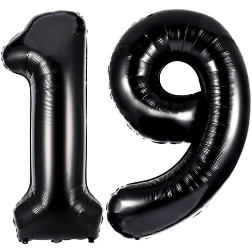 Black 19 Number Balloons, 40 Inch Giant Number 19 Balloons Foil Mylar Helium Black Number Balloons for 19th Birthday Party Supplies Anniversary Event Celebration Decorations