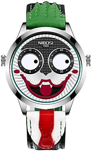 MASTOP Unisex Watches Creative Design Clown Dial Leather Strap Sport Quartz Waterproof Fashion Joker Wristwatch
