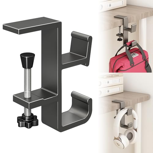 Sereficy Desk Hook for Bag, Under Desk Handbag Hanger Purse Hook for Table, Aluminum Backpack Holder, Desk Mount Hook for Umbrellas, Headphone, Gray