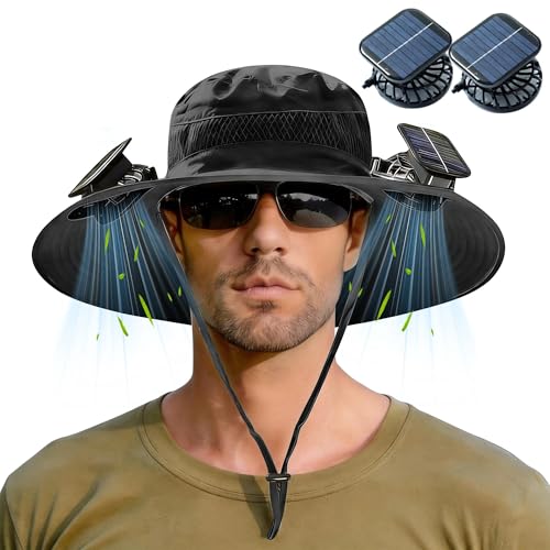 Solar Fan Hat for Men Cooling Hat with Dual Fans, Wide Brim UPF 50+ Sun Protection Outdoor Fishing,Hiking,Gardening (Black)