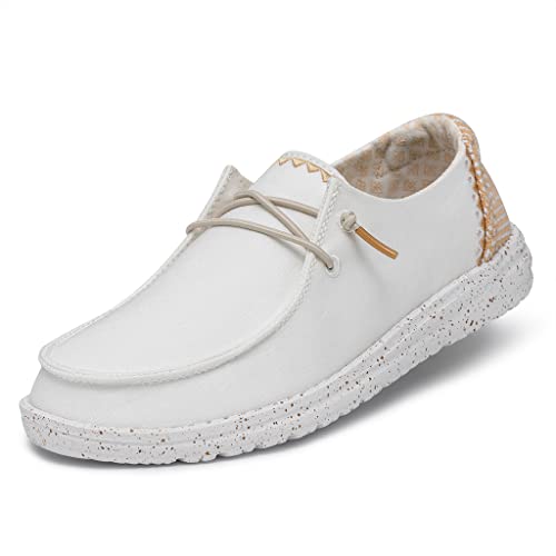 HEYDUDE Women's Wendy Chambray White Sand Size 9 | Women’s Shoes | Women’s Lace Up Loafers | Comfortable & Light-Weight