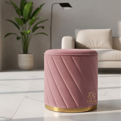 Image of ENIQE STORE Premium Velvet Ottoman Stool | Modern Round Pouffe with Gold Base | Multipurpose Seating | Living Room & Bedroom Decor (Pink Set of 2)