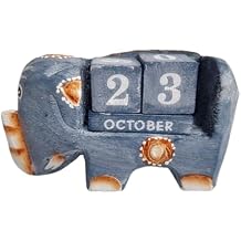 Thai Vintage Handcraft Wooden Perpetual Desk Calendar, Gray color Elephant Pattern, Home Office Decor, Teacher, Classroom, Reusable Yearly