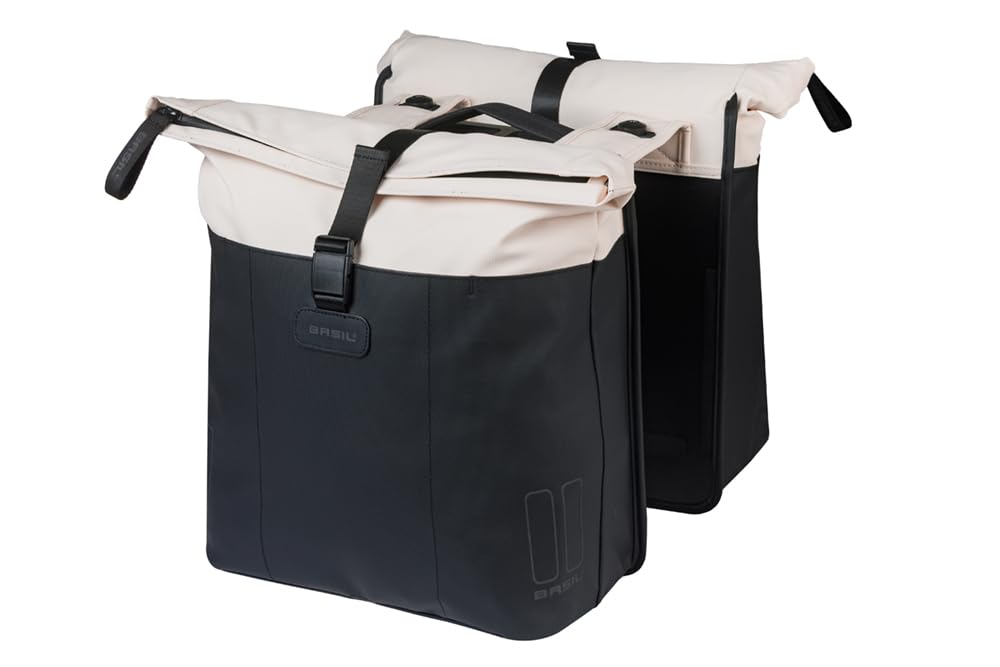 Basil Vive Double Bicycle Pannier Rack - 28-35L - with MIK Adapter Plate - Waterproof - Reflective - Made of Recycled Material - 30 x 14 x 38 cm - White/Black